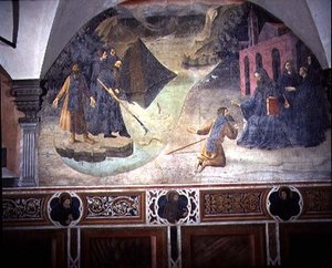 Skt. Benedikte henter skovhuggerøksen fra søen, detaljer fra freskomaleriet i St. Benedikts liv fra Chiostro degli Aranci (appelsinernes kloster) ca. 1430