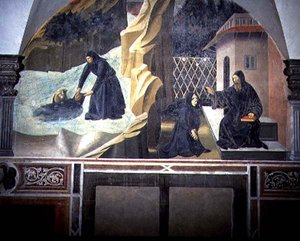 Skt. Benedikte sender Mauro for at redde den druknende Placidus fra søen, detaljer fra freskomaleriet i St. Benedikts liv fra Chiostro degli Aranci (appelsinernes kloster) ca. 1430
