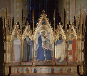 Jomfru med de hellige Augustin, Sankt Antonius den Store, Sankt Bartolomæus og Sankt Lawrence - tempera på panel