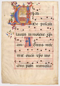 Initial V: Påskelammet på et alter af Giovanni di Paolo