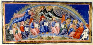 Paradiso, Canto X. Beatrice og Dante svæver ved siden af Solens himmel og møder dem, der er kendt for deres visdom. De bliver mødt af St. Thomas Aquinas med Albertus Magnus. Nedenfor sidder ti repræsentanter for visdom; Bede, St. Ambrosius, Isidore af Sev af Giovanni di Paolo