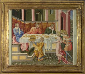 Johannes Døberens hoved bragt til Herodes Predella Panel, 1454 af Giovanni di Paolo