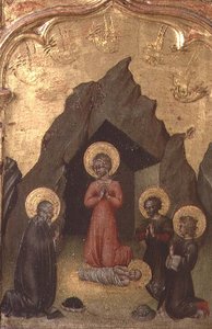Tilbedelse af barnet af Jomfruen, St. Joseph og to helgener af Giovanni di Paolo di Grazia
