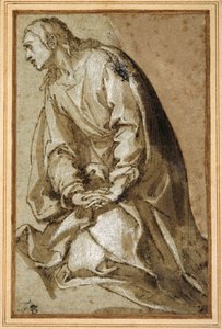 En ung helgen, der knæler i bøn (pen og brunt blæk med brun vask og forhøjning) af Girolamo (circle of) Muziano