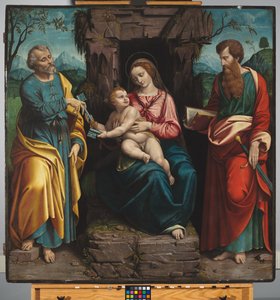 Jomfruen og barnet med de hellige Peter og Paul, ca. 1540-70 (olie på panel) af Girolamo Figino