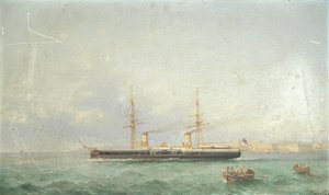 Slagskibet HMS Inflexible på vej ud på havet fra Grand Harbour, Valetta af Girolamo Gianni