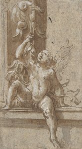 En Putto siddende på en ramme, ca. 1538-40. af Girolamo Mazzola Bedoli