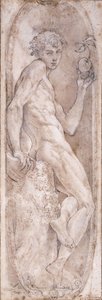 Adam holding an Apple, seated, in a Medallion, c.1547-1553dani