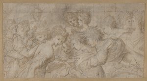 Omfavnende kvindelige figurer, nogle med noder., 1570-73. af Girolamo Mirol.