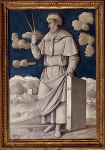 Portræt ved foden af Euklid (325-265 f.Kr.), græsk matematiker Maleri af Girolamo Mocetto (1458-1531) 1531 Paris. Musee Jacquemart Andre - Portræt i fuld længde af Euklid (325-265 f.Kr.), engelsk matematiker. Maleri af Girolamo Mocetto (1458-1531)