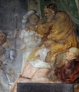 Nebuchadnezzar, detalje fra miraklet af Daniels tre ledsagere, fresko af Girolamo Romanino (ca. 1484-efter 1562), detalje fra højre væg i kirken Saint Anthony Abbed, Breno. Italien af Girolamo Romanino