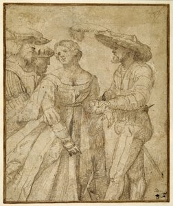 Scene med tapperhed: fire figurer stående mod en landskabsbaggrund (pen og brunt blæk på brunpapir) af Girolamo Romanino