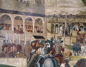 Turnering til ære for Christian I af Danmark på Castello di Malpaga, detalje fra venstre side, 1520-30 af Girolamo Romanino