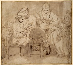Kvinder og piger sidder rundt om et bord og syr (pen og brunt blæk med brun vask på papir) af Girolamo Romanino