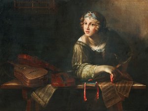 Allegorisk fremstilling med musikinstrumenter og noder, anden halvdel af det 17. århundrede.. af Girolamo Scaglia
