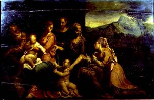 St. Catherines mystiske ægteskab (olie på panel) af Girolamo da (circle of) Carpi