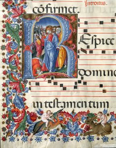 Decoree lettrine med Kristus og den spedalske Miniature af Girolamo da Cremona (aktiv omkring 1451-1483) og Liberale da Verona (1445-1529) fra et kor (Cod. 19/4. c.26.) fra Cathedrale of Siena. Domkirken (Duomo) i Siena, Italien, fra det 15. århundrede
