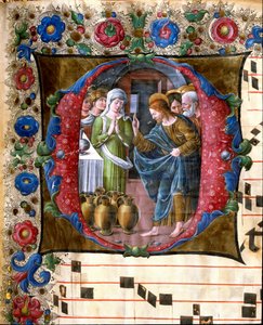 Decoree letrine, der repræsenterer brylluppet af Cana Miniature af Girolamo da Cremona (aktiv omkring 1451-1483) og Liberale da Verona (1445-1529) fra et kor (Cod. 19/4. c.19v.) fra katedralen i Siena. Cathedrale (Duomo) i Siena fra det 15. århundrede, Ita