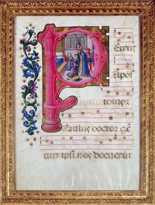 Historieret bogstav "P", der viser Konstantins dåb (ca. 274-337) fra en lombardisk antifonaire