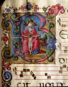 Lettrine B, der repræsenterer den Hellige Treenighed (Nådens Trone) Gud, Jesus Kristus og Helligåndens due (Helligånden). Miniature af Girolamo da Cremona (aktiv omkring 1451-1483) fra et kor (Cod. 10/L. c.81v) fra katedralen i Siena. 15t