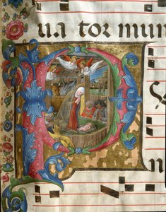 Lettrine P decoree, der repræsenterer Miniature Nativite af Girolamo da Cremona (aktiv omkring 1451-1483) fra et kor (Cod. 18/3) fra katedralen i Siena. Det 15. århundrede Cathedrale (Duomo) i Siena, Italien