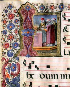 Miniature-offerscene af Girolamo da Cremona (aktiv omkring 1451-1483) fra et kor (Cod. 10/L. c.114v.) fra katedralen i Siena. Cathedrale (Duomo) i Siena fra det 15. århundrede, Italien