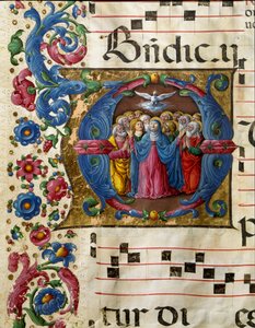 Helligåndens due (Helligånden) viser sig for Jomfru Maria og apoterne. Miniature af Girolamo da Cremona (aktiv omkring 1451-1483) fra et kor (Cod. 10/L. c.32v) fra katedralen i Siena. Cathedrale (Duomo) i Siena fra det 15. århundrede, Italien