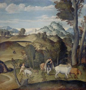 Den unge kviksølv stjæler kvæg fra flokken af Apollo af Girolamo da Santacroce (ca.1480 1556) (attributed to)
