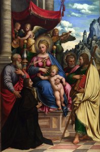Madonna og barnet med engle, helgener og en donator af Girolamo da Treviso the Younger
