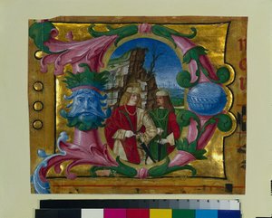 Historikert initial D Udskåret fra en korbog: To martyrhellige, ca. 1500-1510.
