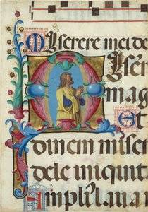 Manuskriptbelysning med David i bøn i et indledende M, fra en Psalter, 1501-2.