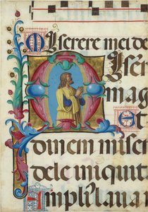 Manuskriptbelysning med David i bøn i et indledende M, fra en psalter, italiensk, 1501-2. af Girolamo dai Libri