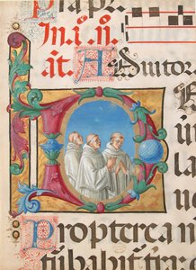 Manuskriptbelysning med syngende munke i et indledende D, fra en psalter, italiensk, 1501-2.
