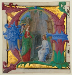 Manuskriptbelysning med de hellige kvinder ved graven i en indledende A..., ca. 1490-1500.