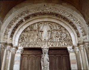Romansk kunst: Tympan skulptureret, der repræsenterer den sidste dom. Skulptur af Mester Gislebertus (ca. 1130-1140). Cathedrale Saint-Lazare (Saint Lazare