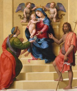 Madonna og barn på tronen med de hellige Maria Magdalena og Johannes Døberen, ca. 1523. af Giuliano Bugiardini