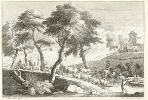 Bakket landskab med hyrder og kvæg Italienske landskaber (serietitel) af Giuliano Giampiccoli