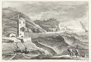 Kystlandskab med storm på havet og ildfyr Italienske landskaber (serietitel) af Giuliano Giampiccoli