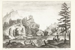 Landskab med flod og nogle figurer Italienske landskaber (serietitel) af Giuliano Giampiccoli