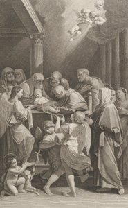 Kristi omskæring, en gruppe mænd, kvinder og engle, der omgiver ham, den..., ca. 1760-1800. af Giuliano Traballesi