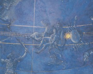 Solens vej gennem stjernerne om natten den 4. juli 1442, detalje af Tvillingerne og Krebsen, fra soffitten over alteret, ca. 1430 (detalje af 85088) af Giuliano dArrighi Pesello