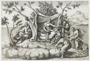 Latona føder Apollo og Diana, graveret af Diana Mantovana (f.1535), efter 1575 (gravering) af Giulio (after) Romano