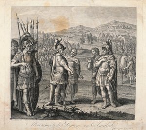 Møde mellem Hannibal og Scipio under de puniske krige (ætsning) af Giulio (after) Romano