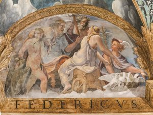 Detalje af hvælvingen: lunette, der repræsenterer Venus, der får Merkurs tilgængelighed fra Zeus, Amor og Psykes kammer (Sala di Amore e Psiche)