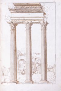 Søjlerne i templet Castor og Pollux, med fredens tempel i baggrunden, ca. 1550 (en original tegning i sort kridt, pen og brunt blæk) af Giulio (circle of) Romano
