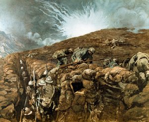 WWI: skyttegrave nær Gorizia, italiensk kampagne omkring Isonzo-floden, september 1917 (maleri)
