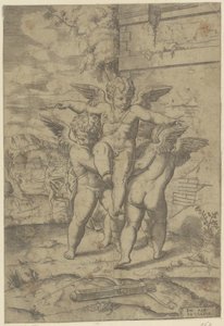 Amor og tre putti af Giulio Bonasone (attributed to)