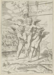 Amor og tre putti af Giulio Bonasone (attributed to)