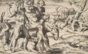 En beruset Silenus, der rider på en røv, støttet af satyrer, 1531-76.