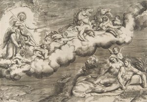 En allegori om den opgående sol, en nøgen mand iført ligklæde og ledsaget Fader Tid..., 1531-76. af Giulio Bonasone